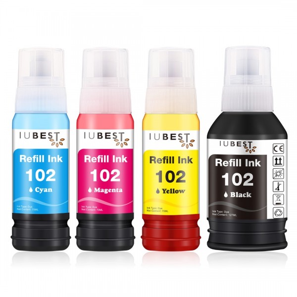 IUBEST 102 Ink Replacement for Epson EcoTank 102 Ink Bottle Refills for Epson EcoTank ET-2700 ET-2750 ET-2751 ET-2756 ET-3700 ET-3750 ET-4750 ET-15000, Multipack (Black, Cyan, Magenta, Yellow)