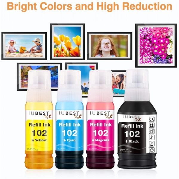 IUBEST 102 Ink Replacement for Epson EcoTank 102 Ink Bottle Refills for Epson EcoTank ET-2700 ET-2750 ET-2751 ET-2756 ET-3700 ET-3750 ET-4750 ET-15000, Multipack (Black, Cyan, Magenta, Yellow)